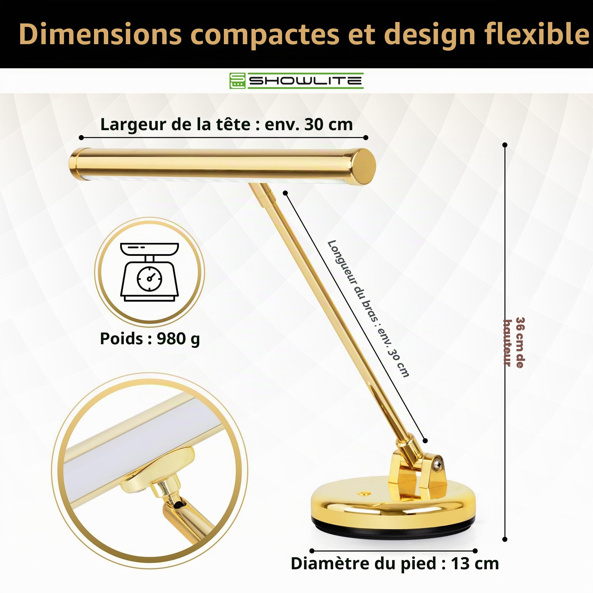 Showlite PL-1-GD-KW Lampe de Piano LED - Lampe de piano avec 15 LEDs - lumière blanc froid en 2 niveaux - hauteur 36 cm - alimentation par USB, secteur ou piles - or brillant