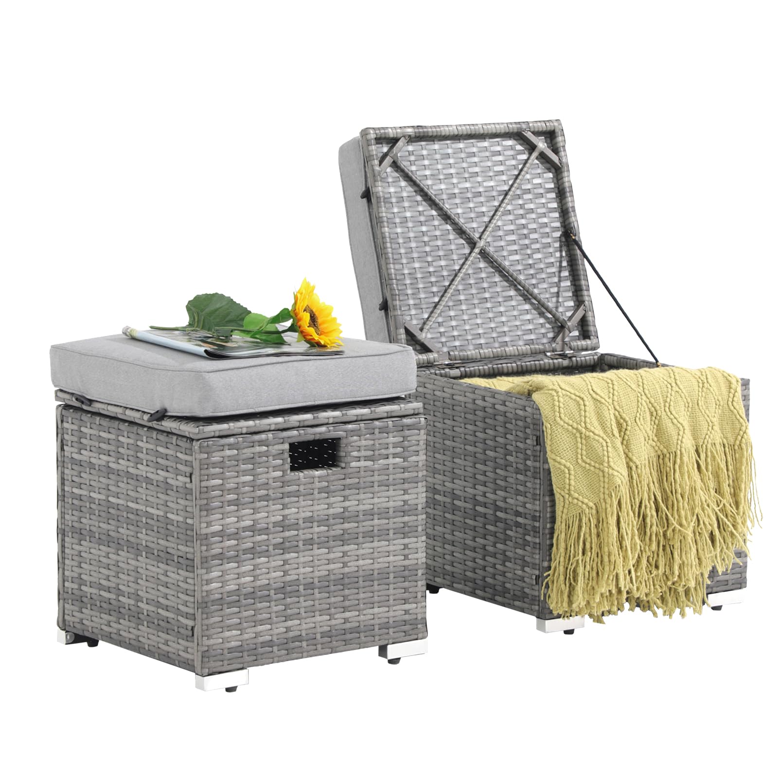 Patiorama 2 Piece Outdoor Patio Ottoman with Storage, Wicker, Light Grey
