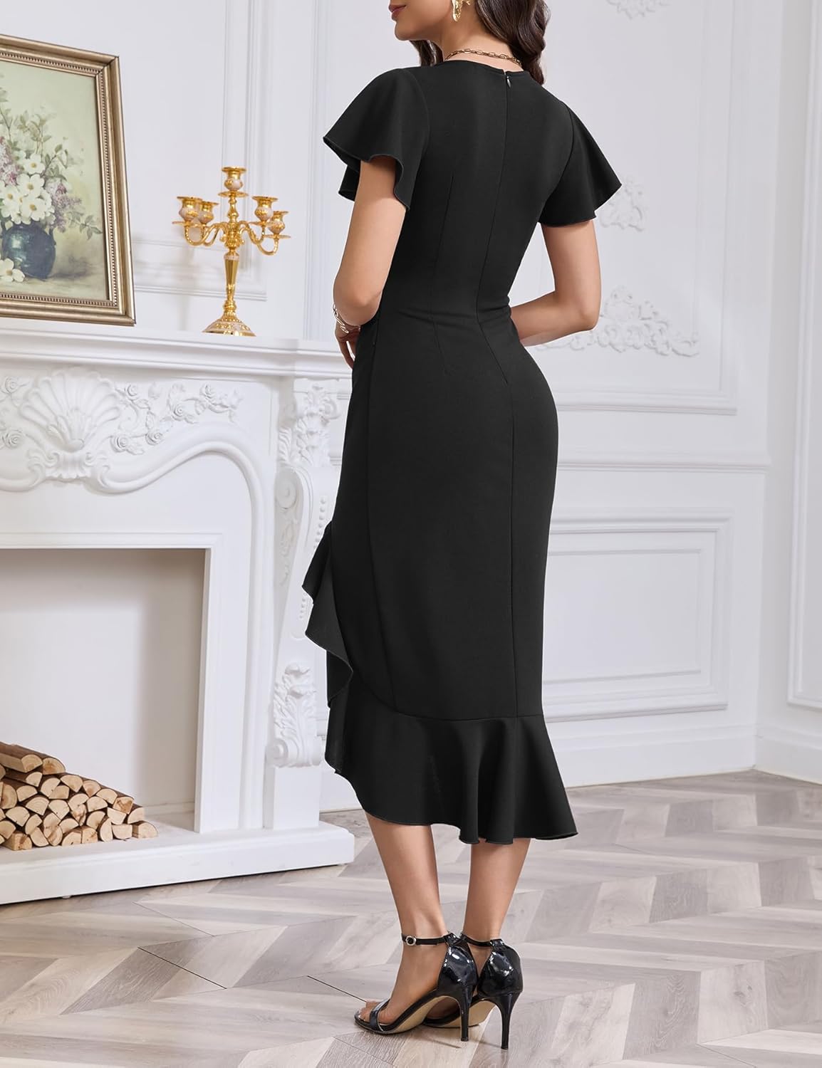 OWIN Women Sexy V Neck Short Sleeve Faux Wrap Ruched Bodycon Midi Ruffle Hem Cocktail Party Wedding Guest Dress