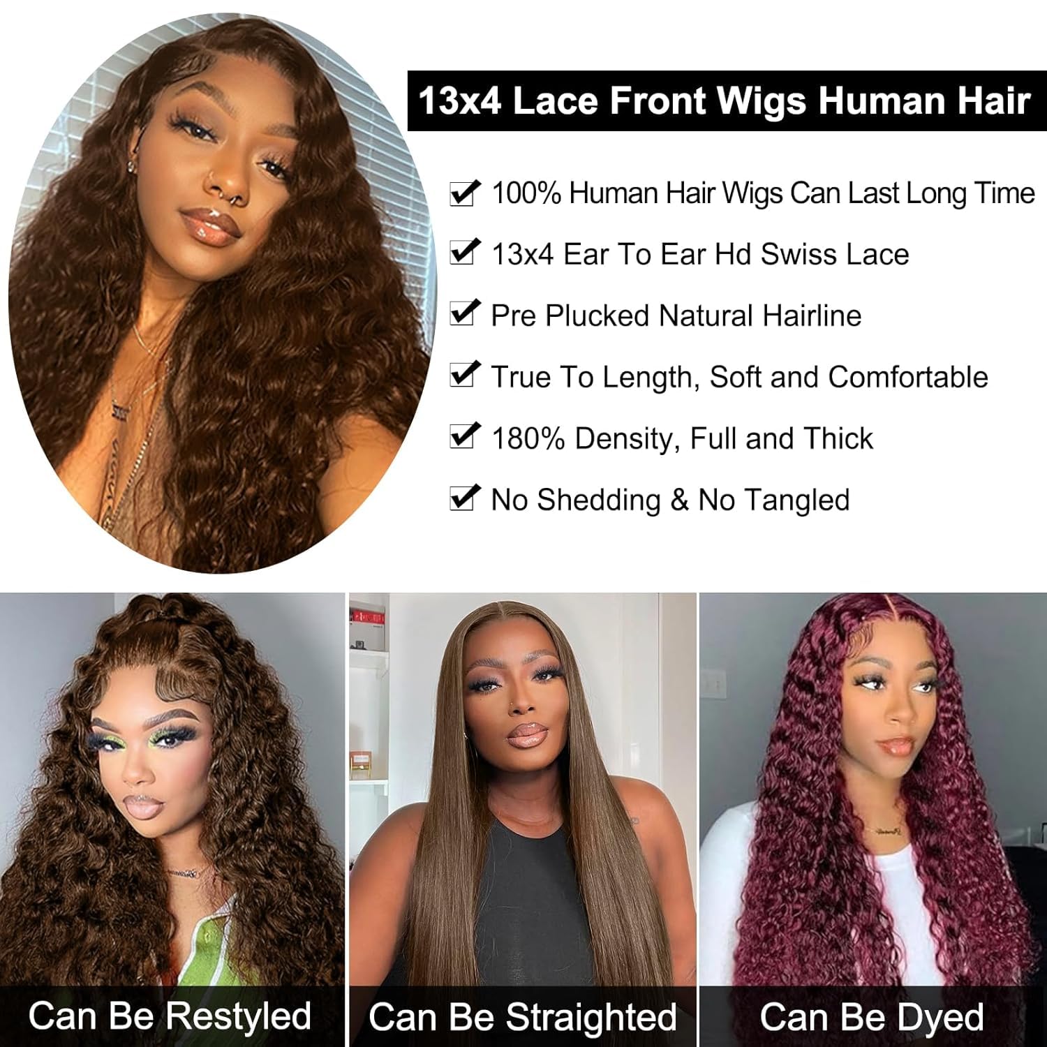 Chocolate Brown 13x4 Lace Front Wigs Human Hair 150 Density Deep Wave HD Lace Front Wigs 4# Curly Glueless Wigs Pre Plucked 13x4 Frontal Human Hair Wigs for Women (26 Inch) - Image 2