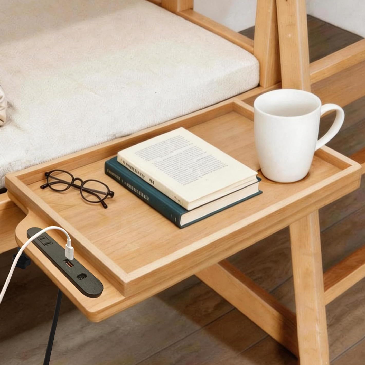 Bedside Shelf Foldable, Bunk Bed Side Table Tray for Top Bunk with USB A&C Charging Ports and Outlet, College Dorm Room Essentials, Clip on Nightstand for Loft Bed Accessories, Bamboo