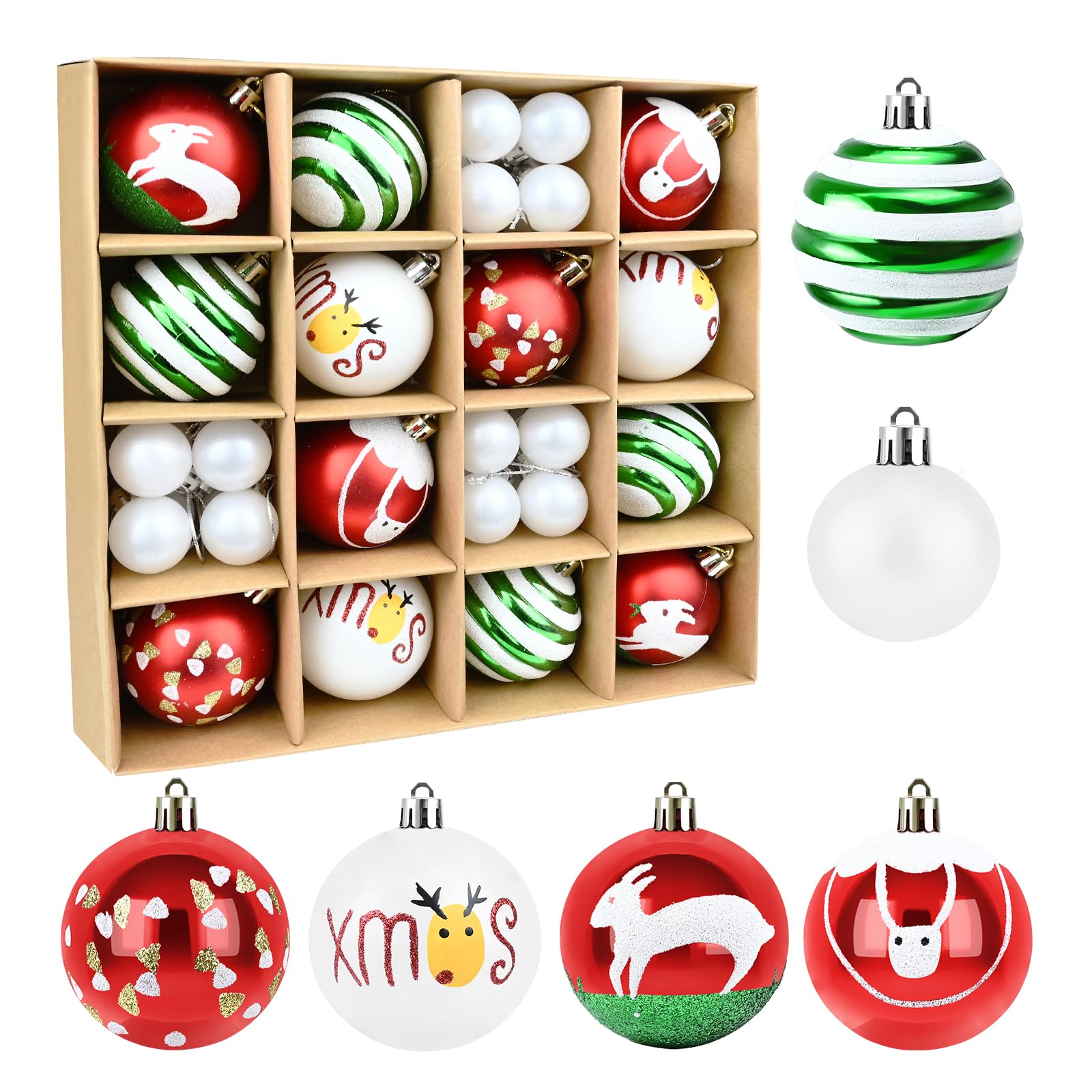 Christmas Ornaments Balls - 37ct Christmas Balls Include 13ct 2.36inch & 24ct 1.18inch Ball, Red Green White Xmax Tree Decorations Hanging Ball for Holiday Xmas Wedding Party Decor