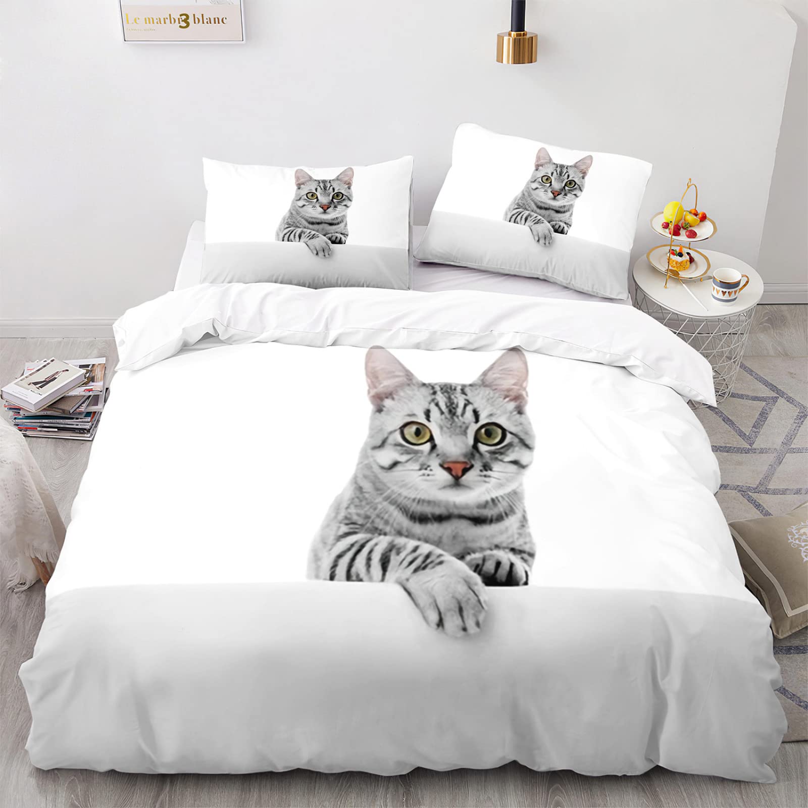 Housse de couette 90x190 chat blanc pour chambre d'enfant douillette