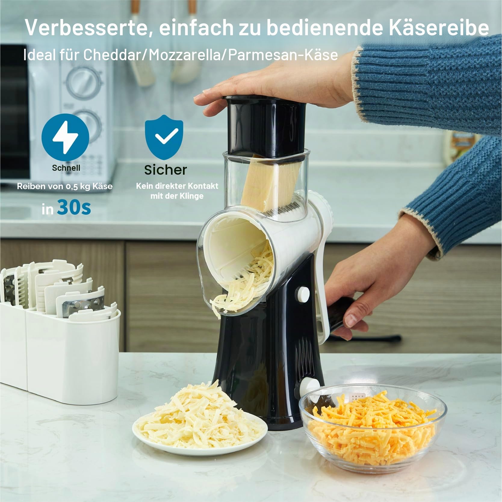 Drehbare Käsereibe Handkurbel, 5 Klingen Käsezerkleinerer, stärkere Saugkraft, leicht zu reinigen für Obst, Gemüse, Nüsse, Schwarz