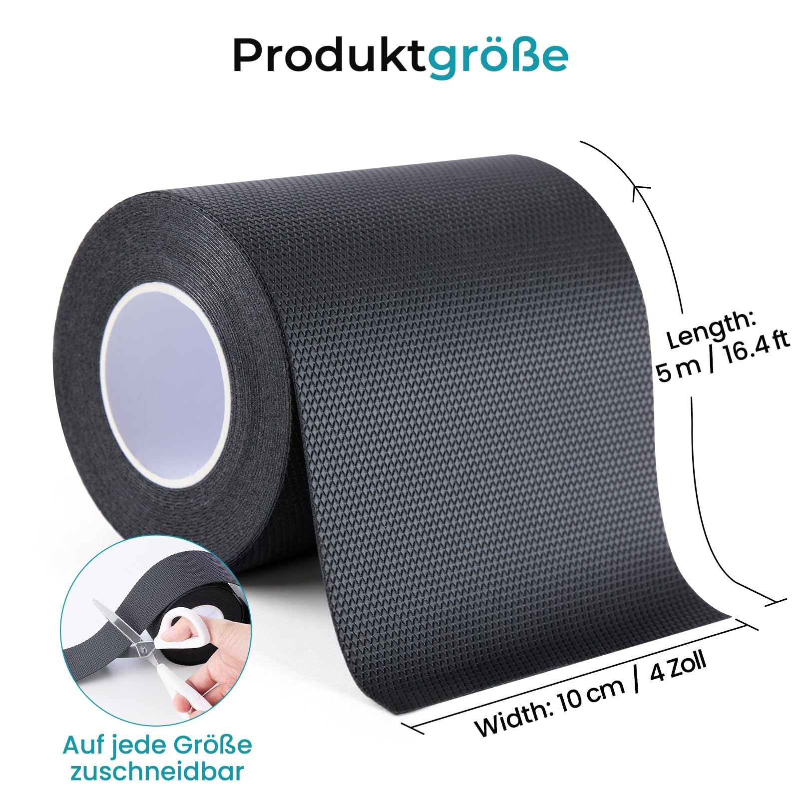 Gummigriffband, Rutschfestes Klebeband ohne Schleifpartikel, Starke Haftung, Wasserdicht und Flexibel für Griffe, Werkzeuge und Geräte, Zuschneidbar, (Schwarz, 10 cm x 5 m)