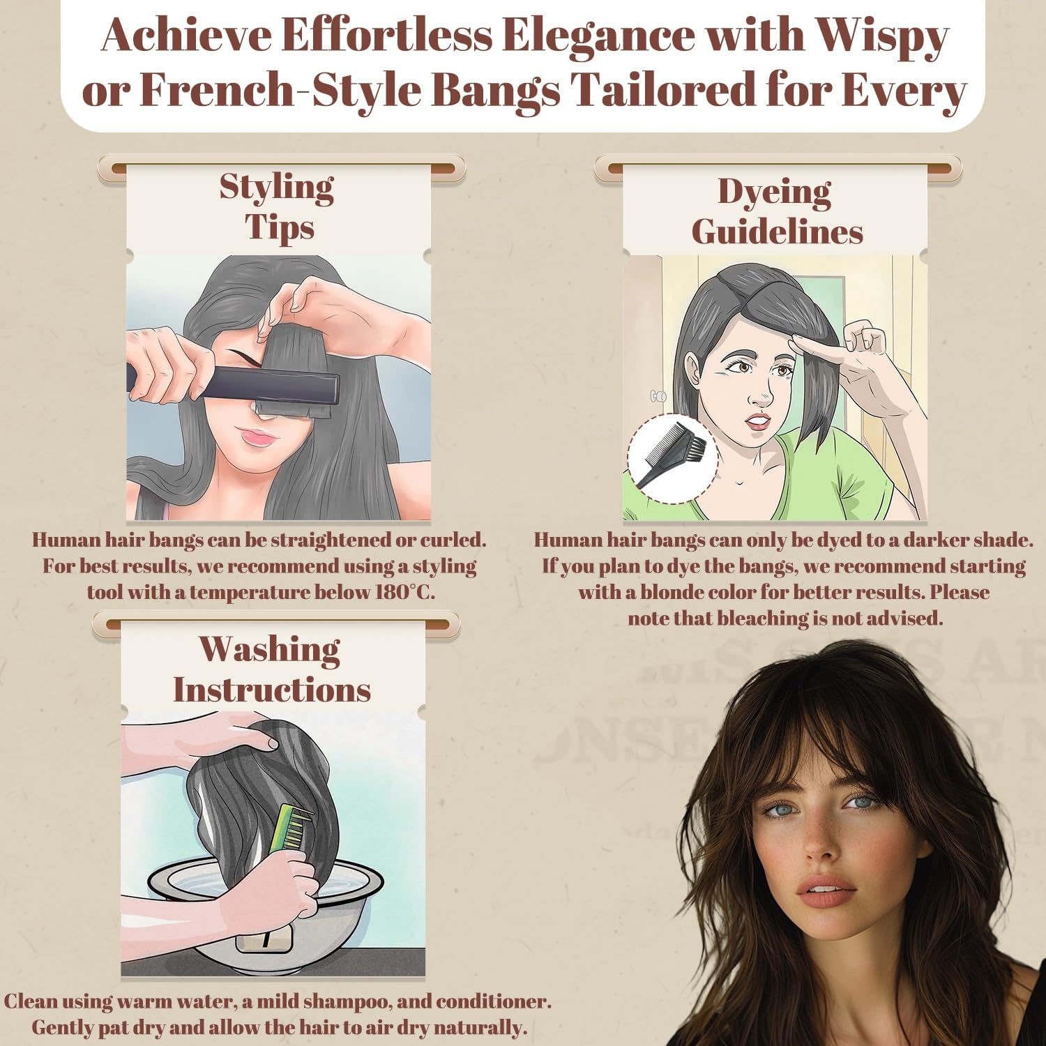 100% Real Human Hair Clip in Bangs for Women - Natural Look Fringe Hairpiece with Temples, Wispy or Curved Bangs Options(Dark brown) - Image 3