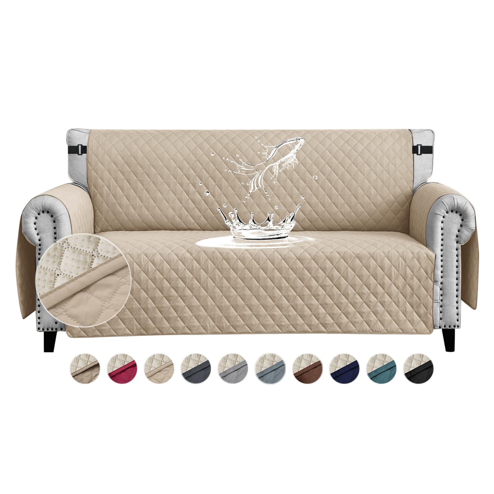FIGOOO Copridivano Impermeabile 4 Posti Addensare Copridivano Trapuntato Reversibile con Tasche Laterali Antimacchia Antigraffio Cani Gatti Moderno Salvadivano,Beige