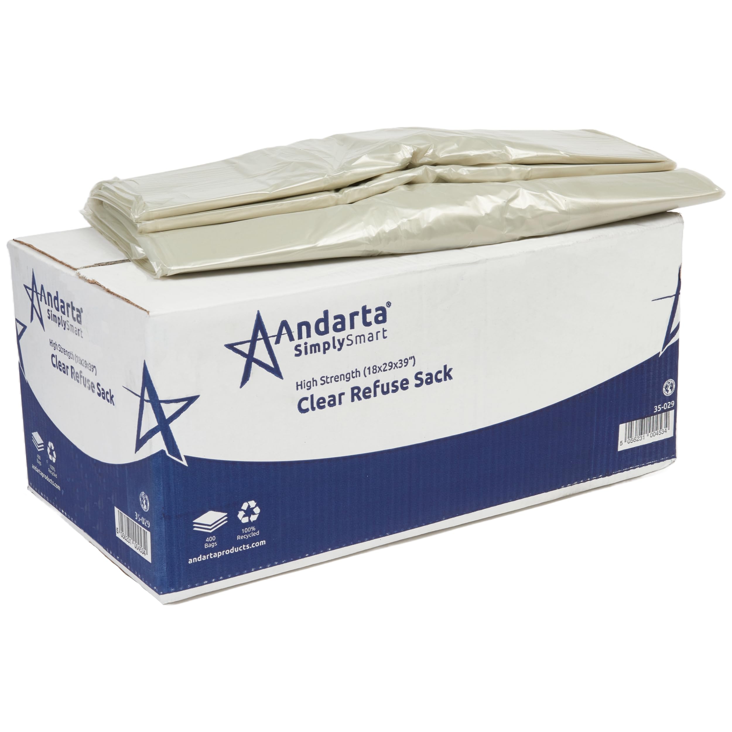 Andarta - Sacs poubelle transparents haute résistance – Boîte de 400 (capacité de 90 l) – Sacs poubelle très résistants – Peut contenir 15 kg de déchets – Sacs de recyclage transparents – Fabriqués à