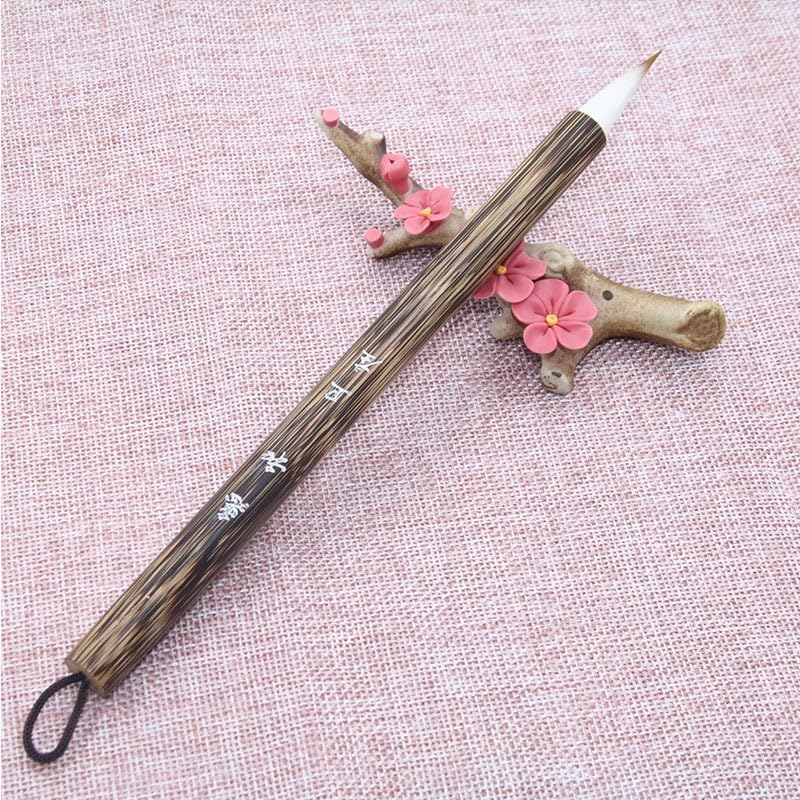 Calligraphy Brush with Golden Silk Handle, Bristle Sumi Painting for Landscape Art and Regular Script, Handcrafted