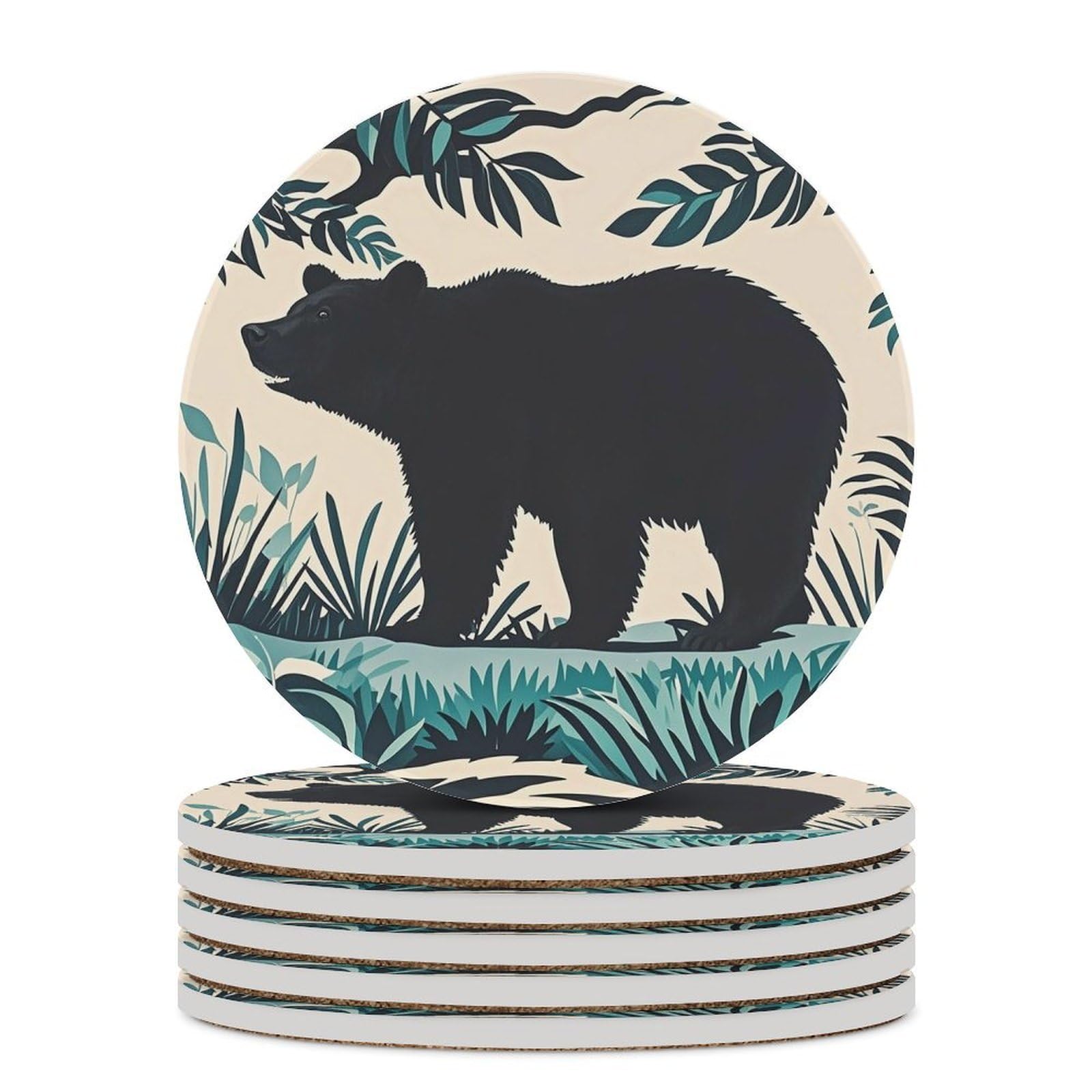 Motif silhouette d'ours pour dessous de verre céramique rond et liège de protection