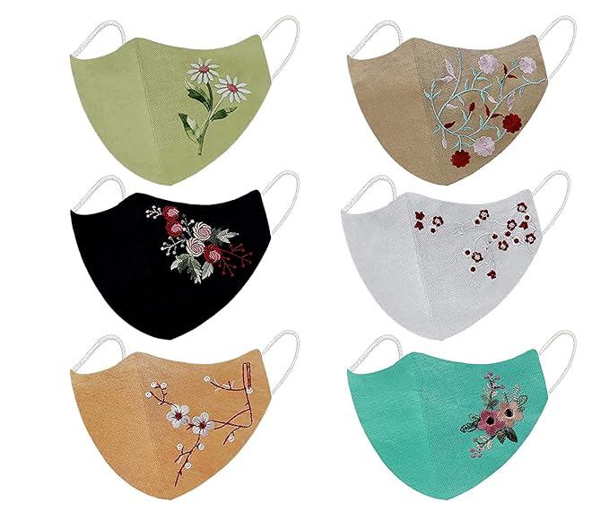 M2 ENTERPRISE Pure Cotton Plain Mask Skin Friendly Reusable/Washable Light Weight & Comfortable Masks for Adult / Men/ Women / Kids (Pack of 6, Embroidery Work Multicolour, Without Valve)
