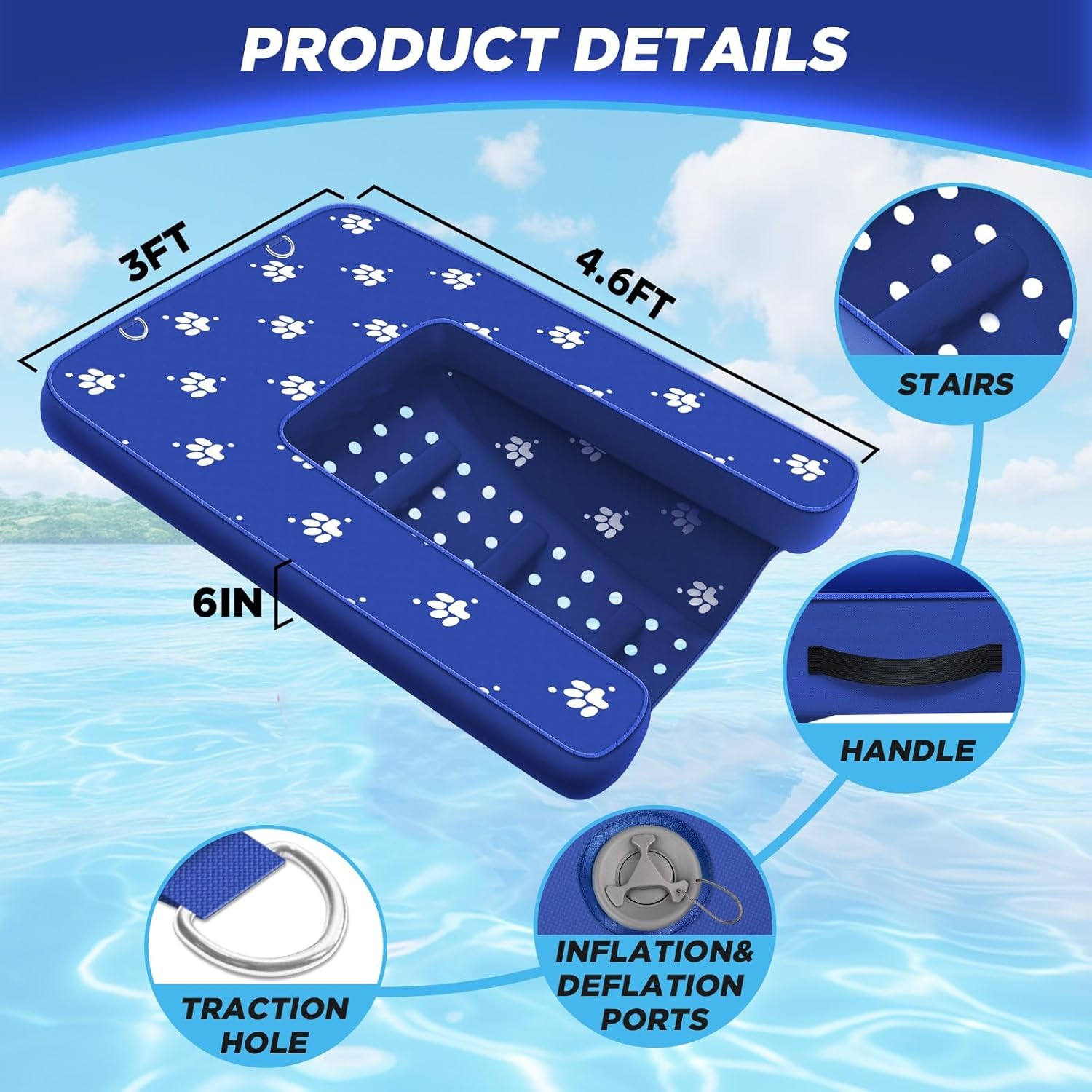 Inflatable Dock Platform, Dog Boat Ramp Floating Non-Slip Oxford and PVC with Lagre Water Ramp for Dogs Pool, Dock, Lake with Traction Rope, Manual Air Pump (4.6ft x 3ft x 6in) L04