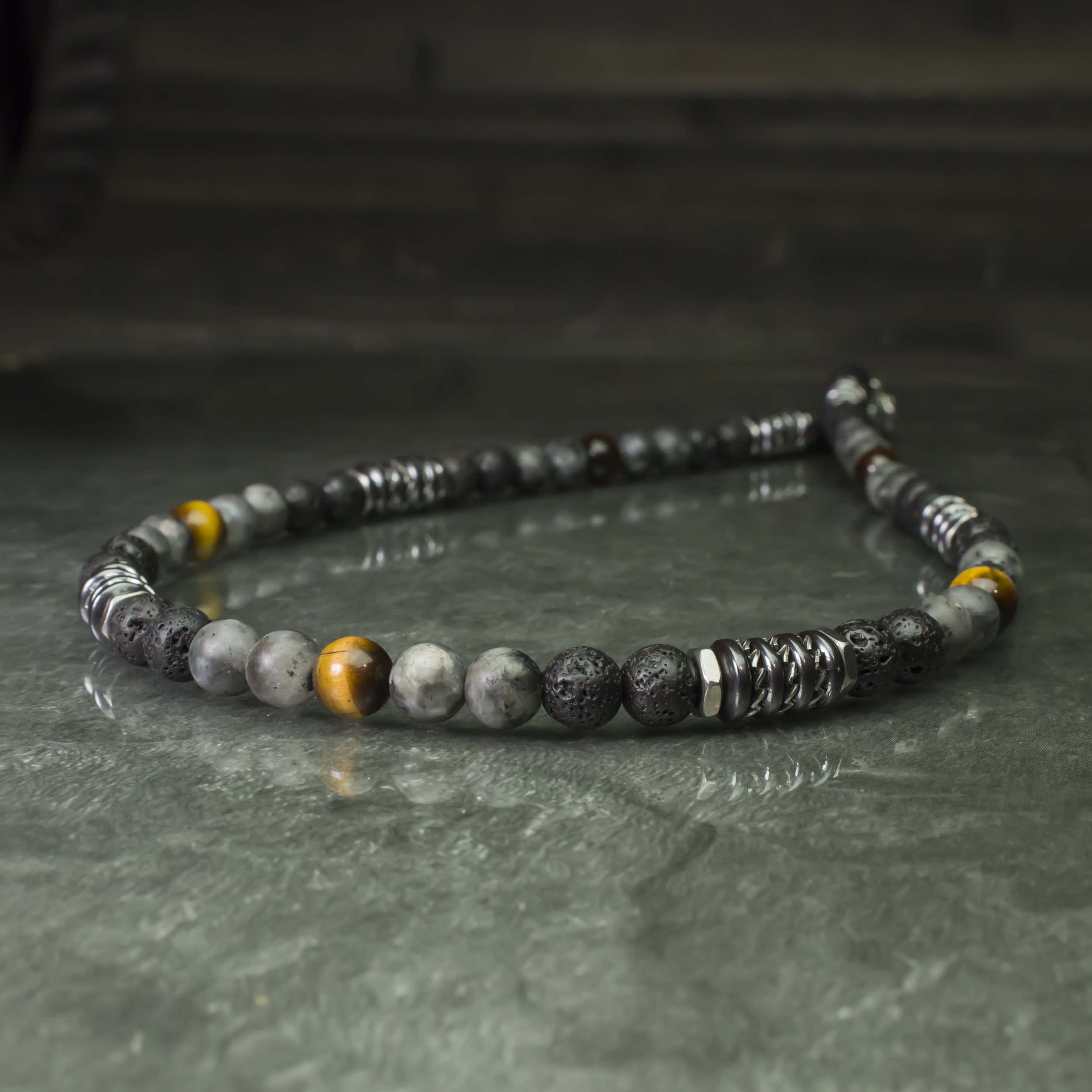 Collier perles 8mm pierre naturelle Œil Tigre Larvikite Labradorite gris mat Lave Volcanique noir rondelles Hématite métal INOX fabriqué en France COLLITEF15