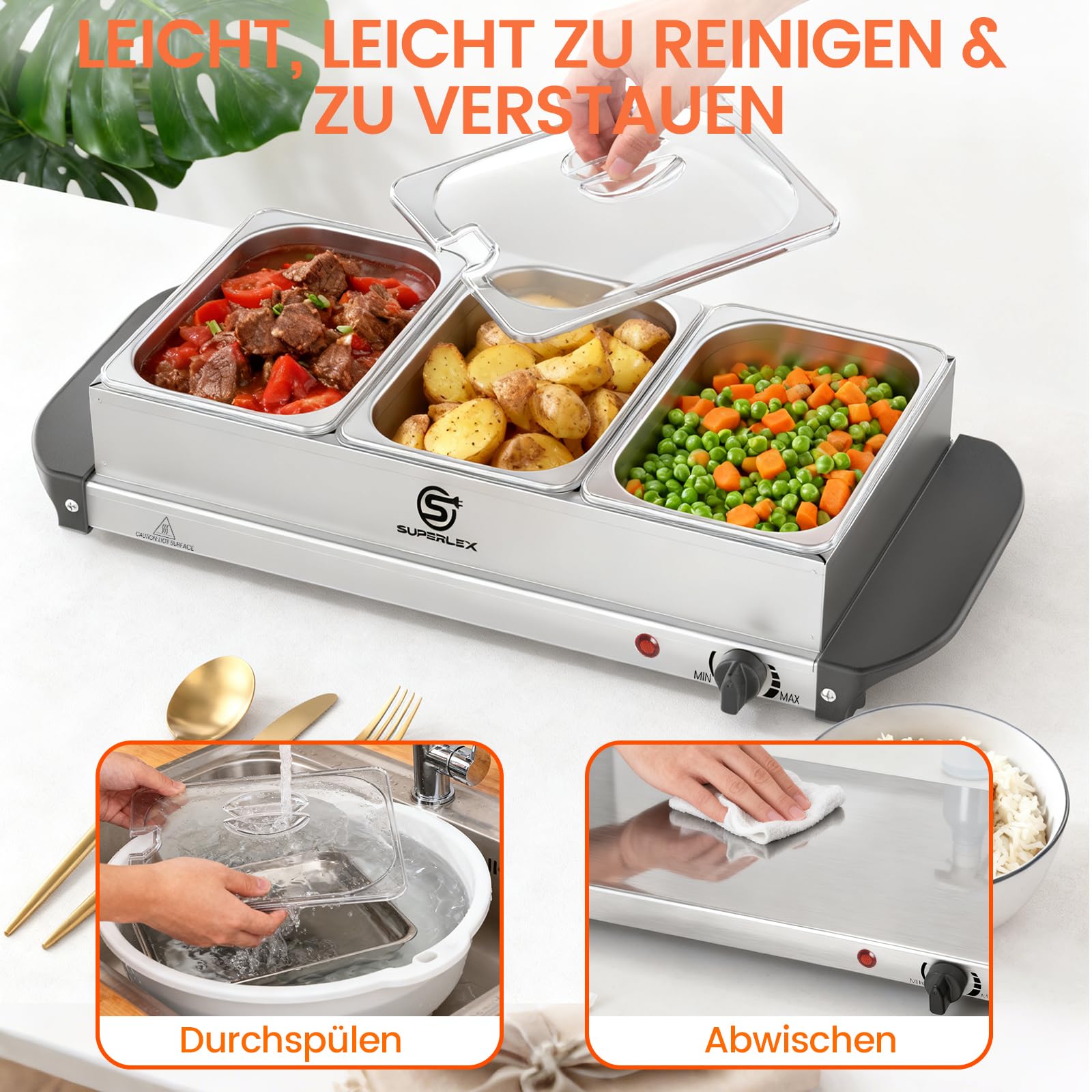 Placa calentadora 2 en 1 y calentador de buffet de acero inoxidable, 200 W, con 3 recipientes de 1,5 l, calor uniforme, calentador de alimentos para bufés, fiestas, cenas familiares, catering