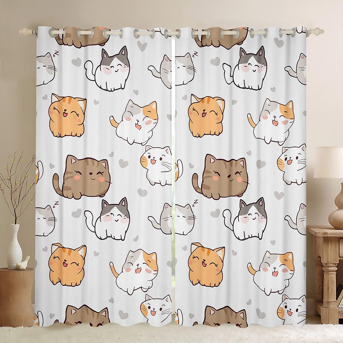 Erosebridal Cute Kitten Curtains & Drapes Kawaii Cat Curtain, Lovely Pet Blackout Curtains Gray Love Print Living Room Treatments, Animal Themed Window Drapes Kids Room Decor โ image 1