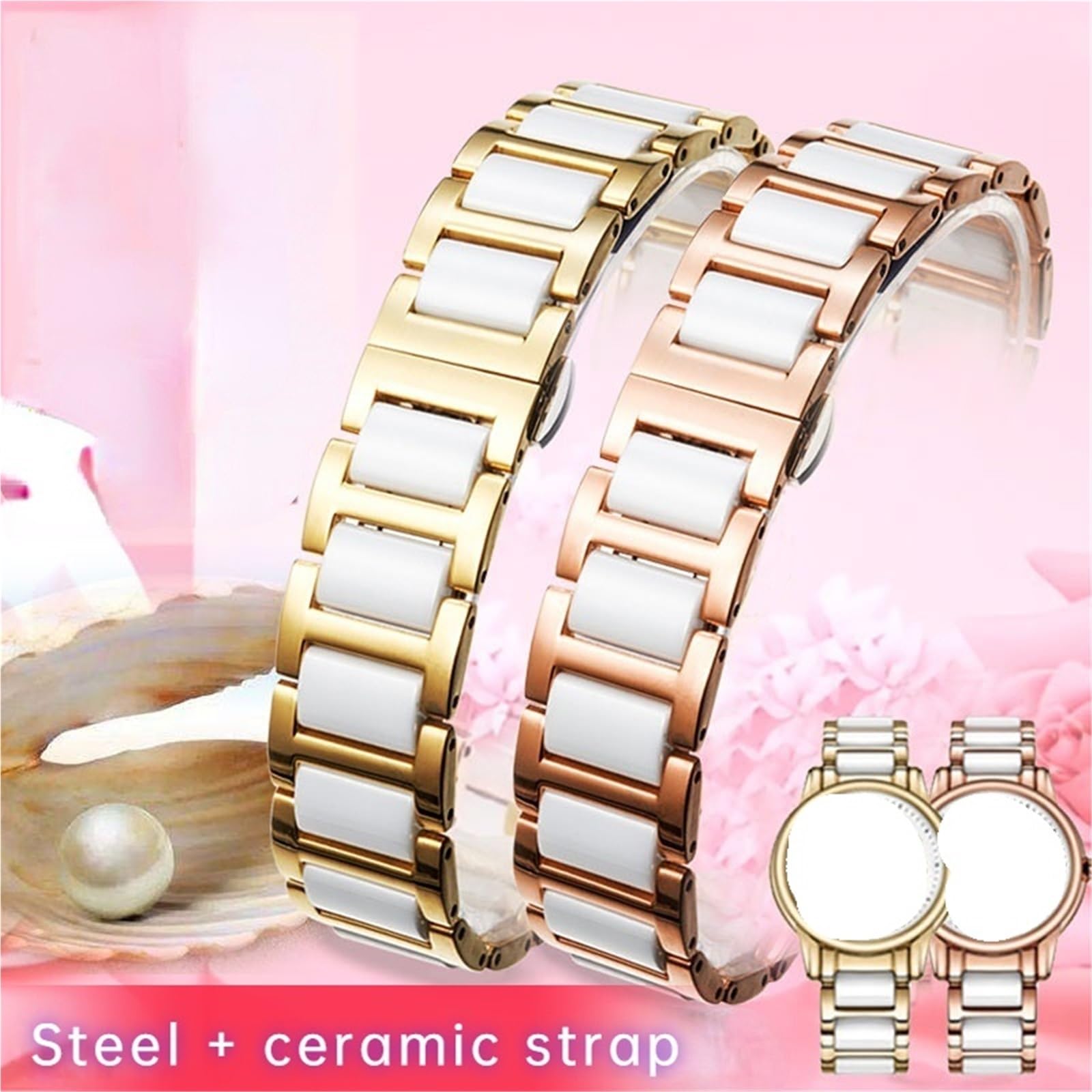 Pulsera de cerámica para Hombre y Mujer, Correa de Reloj de Acero Inoxidable combinada, Correa de Reloj de Moda (Plata Blanca, 15 mm)
