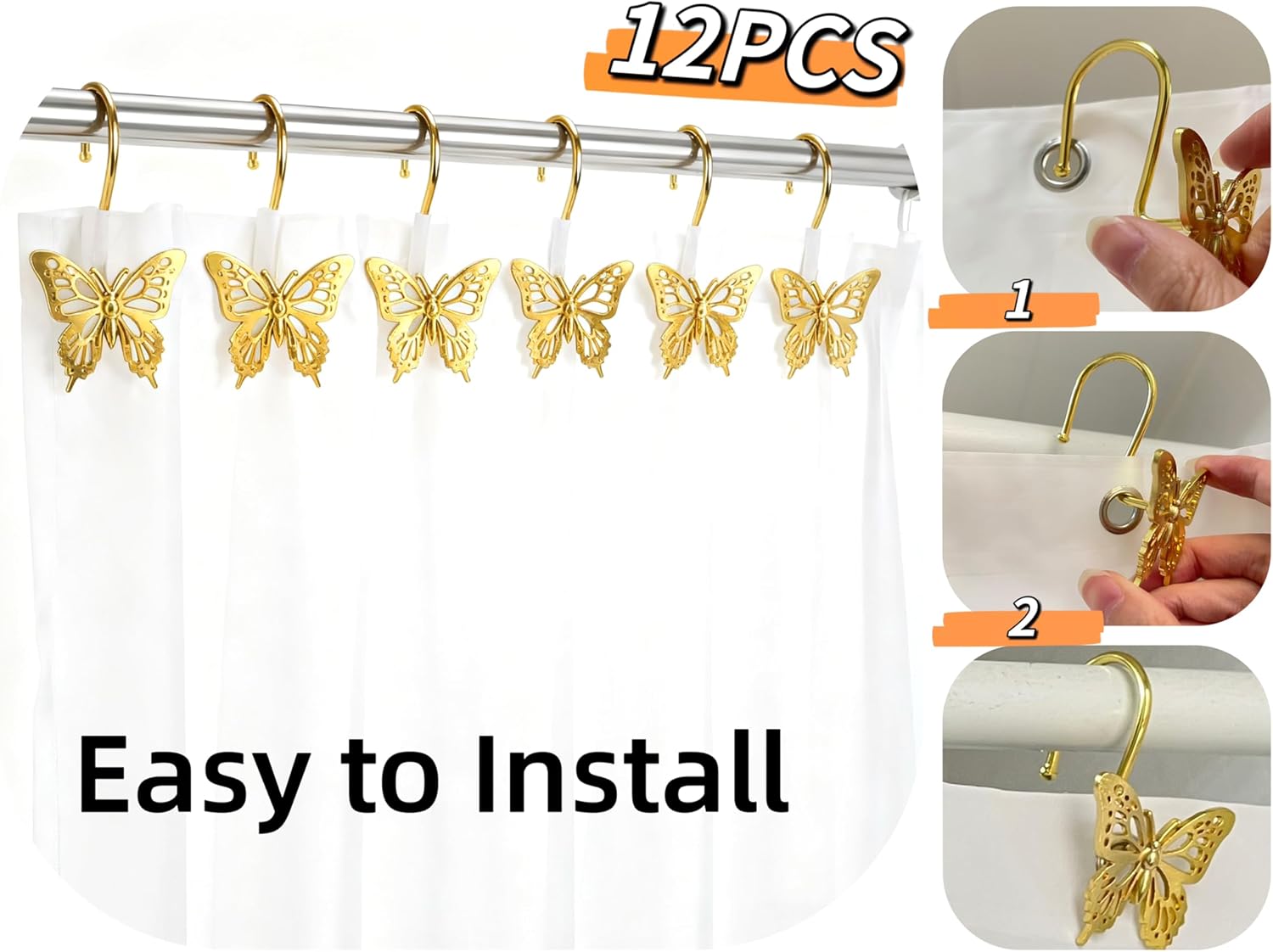 12PCS Decorative Shower Curtain Hooks, Metal Shower Curtain Rings, Rustproof Shower Curtain Hanger for Bathroom, Elegant Butterfly Design (Gold) image 4
