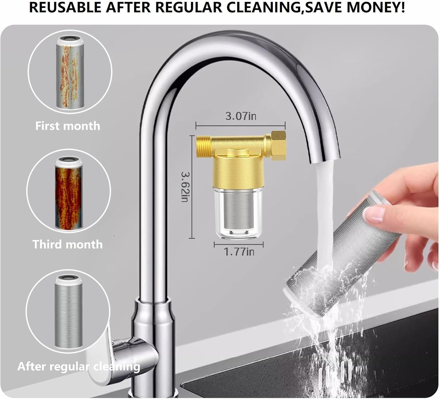 DR02 Reusable Brass Sediment Filter, 40 Micron Washer Water Filter, For Washing Machine, Garden, Heater, RV, Protecting Appliances, Reduces Clothes Yellowing, Anti Scale Shower Filter