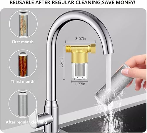 Miniatura 6 de Filtro de sedimentos de latón reutilizable, sistema de filtro de agua para lavadora de 40 micrones, para lavadora, calentador, jardín, RV, reduce el