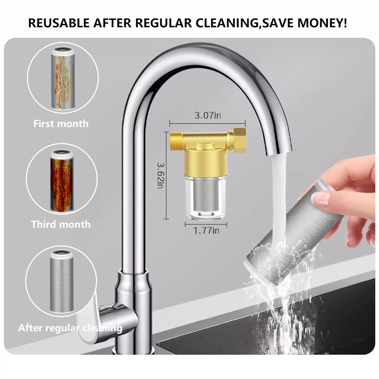 XZ03 Reusable Brass Sediment Filter, 40 Micron Washer Water Filter System, for Washing Machine, Heater, Camping, Protecting Appliances, Reduces Clothes Yellowing, Anti Scale Shower Filter