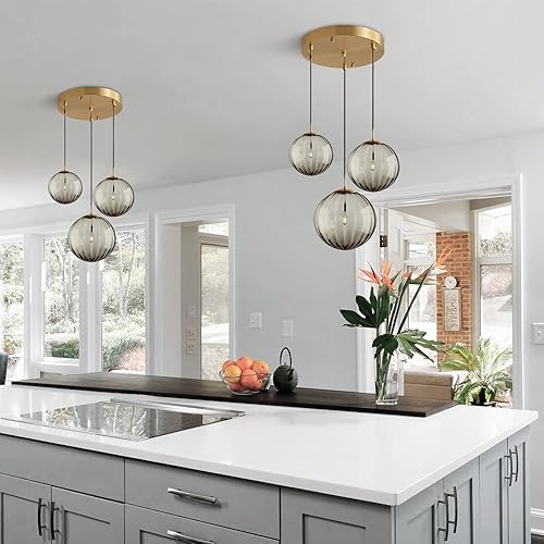 Miniatura 4 de Lámpara colgante de KCO Lighting Moderna de Oro con 3 Luces, Clúster de Globo de Vidrio Ahumado Grande, Lámpara de Araña de Latón Cepillo para Isla