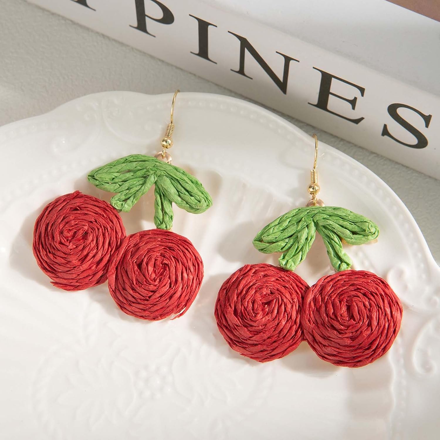 Raffia Cherry Earrings for Women Red Raffia Earring Cherry Dangle Earrings Lightweight Handmade Fruit Earring Gifts - Image 2