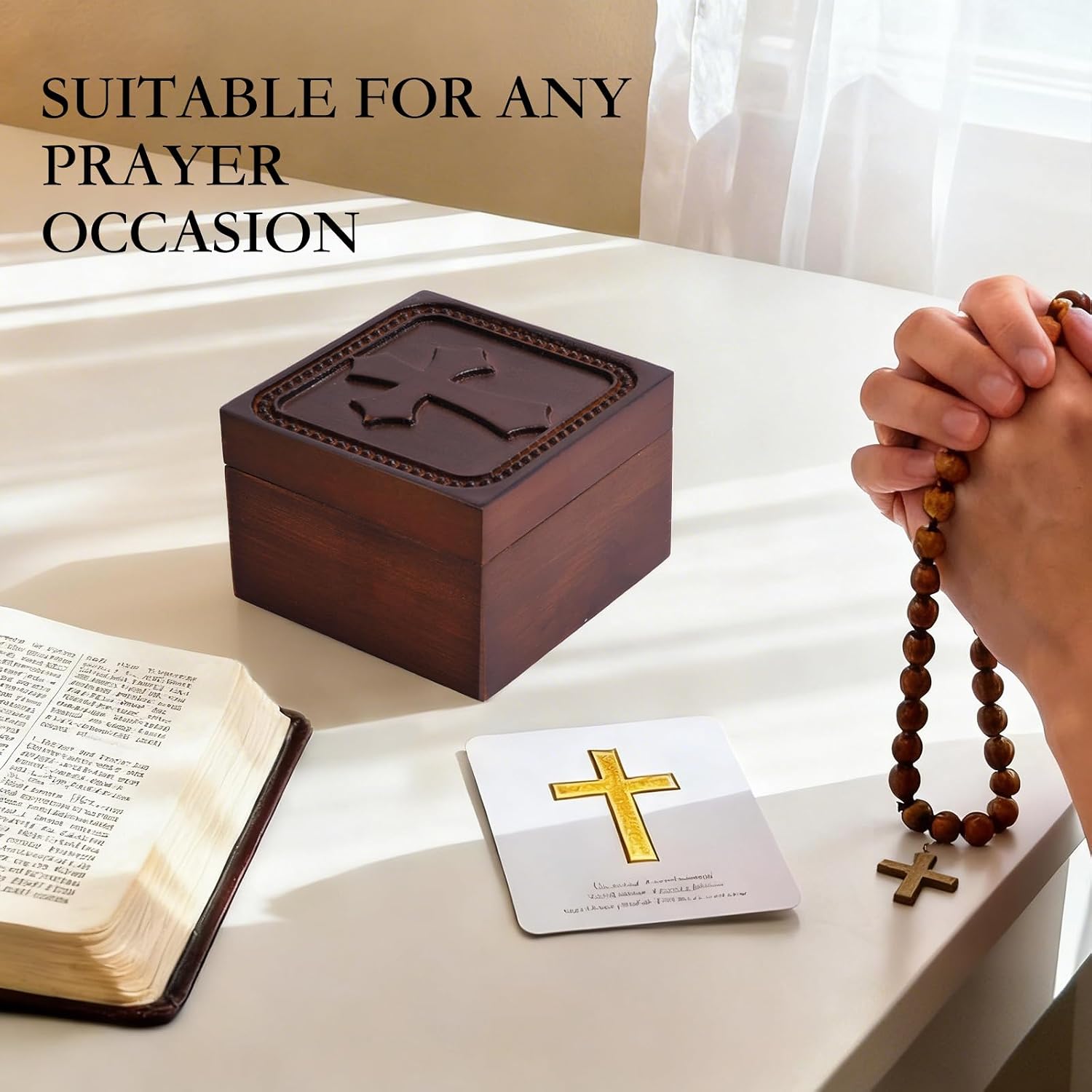 Wooden Cross Prayer Keepsake Box of Christian, Rosary Box for Religious Jewelry, Hand-Carved Catholic Rosary Holder Boxes Gifts for Women & Men, Baptism Communion Memorial Sympathy Gifts, No Card image 4