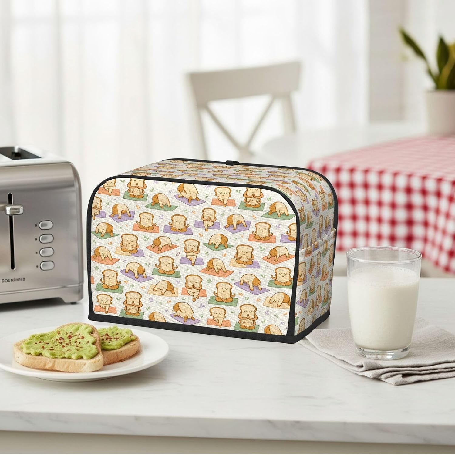 2 Slice Toaster Cover Kawaii Yoga Toast Pattern Water-Resistant Bread Maker Dust Cover with Storage Pocket, Washable Kitchen Appliance Protector, Housewarming Gift, 11.4x7.5x7.9 Inch image 4