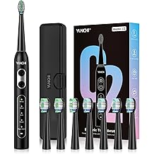 YUNCHI Electric Toothbrush for Adults, Kids Electric Toothbrush,Rechargeable Toothbrushes with 8 Brush Heads, Travel Case, 2 Min Timer, IPX7 Waterproof, 5 Modes, Black