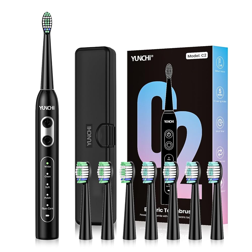 YUNCHI Electric Toothbrush for Adults and Kids, Sonic Rechargeable Toothbrushes with 8 Brush Heads, 1 Travel Case, 90 Days, 2 Min Timer, IPX7 Waterproof, 5 Modes, Type-C, 40000 VPM Motor, Black