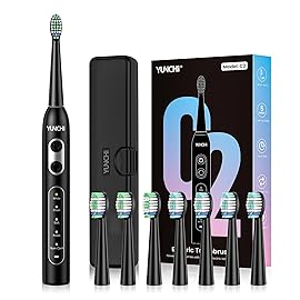 YUNCHI Electric Toothbrush for Adults and Kids, Sonic Rechargeable Toothbrushes with 8 Brush Heads, 1 Travel Case, 90 Days, 2 Min Timer, IPX7 Waterproof, 5 Modes, Type-C, 40000 VPM Motor, Black