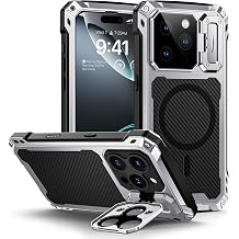 Lanhiem for iPhone 16 Pro Max Metal Case with Camera Cover & Stand [Compatible with MagSafe] [Built-in Kickstand] [Military-Grade Protection] Heavy Duty Rugged Magnetic Phone Case Silver