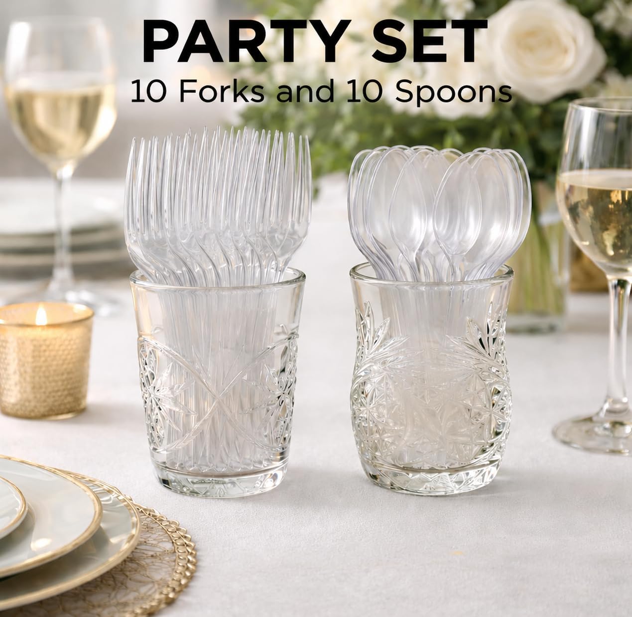 Plastic Silverware Set Disposable Forks Spoons Heavy Duty Clear Cutlery Utensils BPA Free Food Grade Sturdy for Party Wedding Catering Picnic BBQ Takeout To Go Dinner Events Supplies Bulk x20 image 2