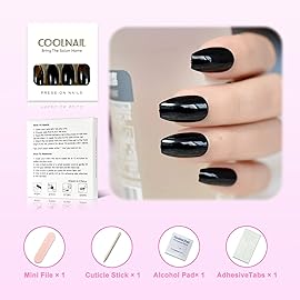 Coolnail Classic Black UV Coffin False Nails Pure Solid Color Ballerina Fake Nail Artificial Extension Tips for Finger Free Glue Sticker