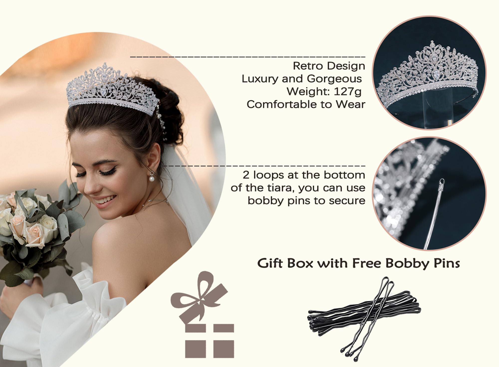 Tiaras y coronas plateadas de circonita cúbica para mujer, tocado de reina, fiesta de graduación, boda, novia, cristal, accesorios grandes para el cabello, Talla única, Diamante falso,
