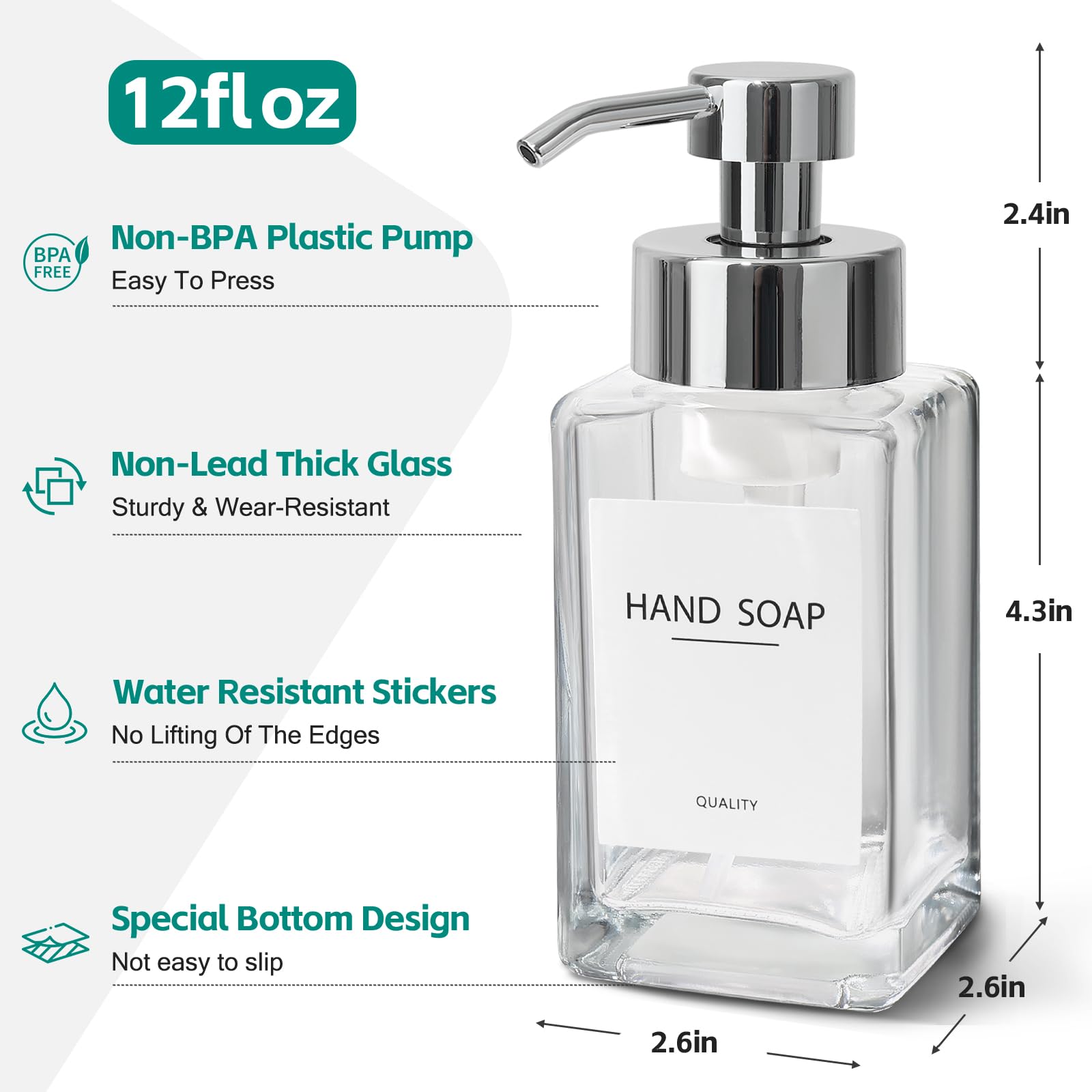 Schaumseifenspender, 350 ml Glas-Handseifenspender-Set, nachfüllbarer Schaumspender mit Schaumpumpe, Etiketten, quadratischer Handspender für Badezimmer, Küche, 2 Stück