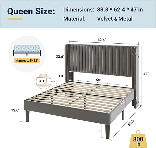 Miniatura 2 de Allewie - Base de cama tamaño Queen con cabecera acolchada tapizada en terciopelo y diseño acanalado vertical; plataforma de cama tapizada; listones