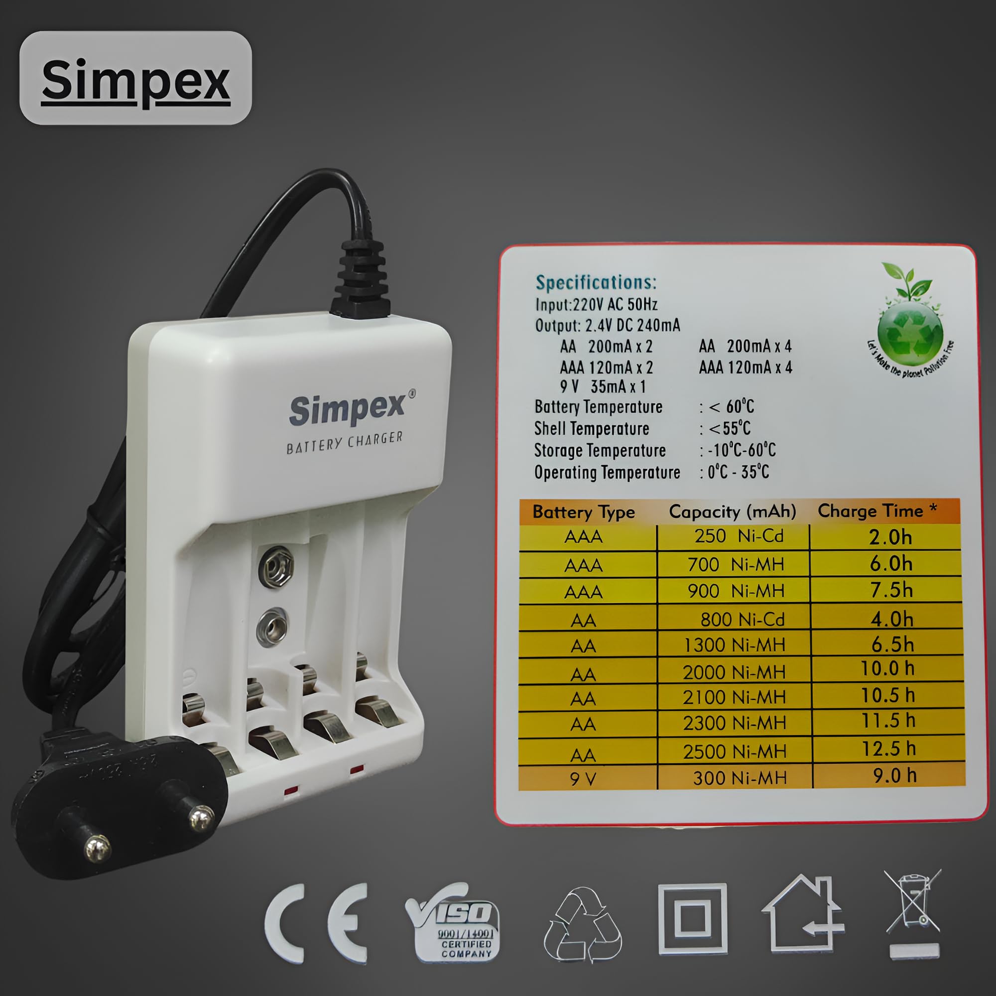 Simpx 666 Universal Corded Battery Charger for AA/AAA/9V Ni-MH