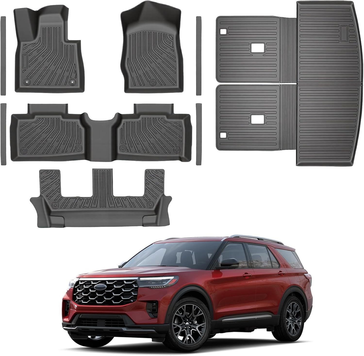 Floor Mats for Ford Explorer 2025 2024 2023 2022 2021 2020 7 Passenger Gas TPEAll-Weather Full Set 1st 2nd 3rd Row Cargo Liner with Seat Back Cover Bumper Guard Door Sill Protector
