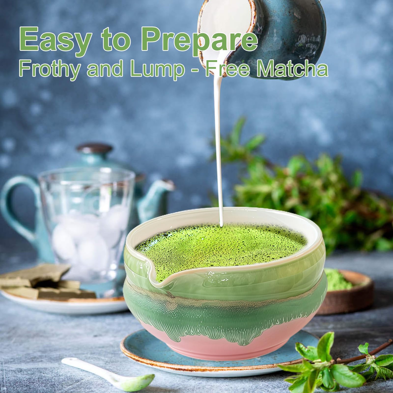 2-częściowy zestaw miseczek do matchy z dzióbkiem, różowy zestaw do herbaty matcha, z miską do matchy chawan i ceramicznym uchwytem na miotły, akwarela, glazurowana porcelana z pudełkiem