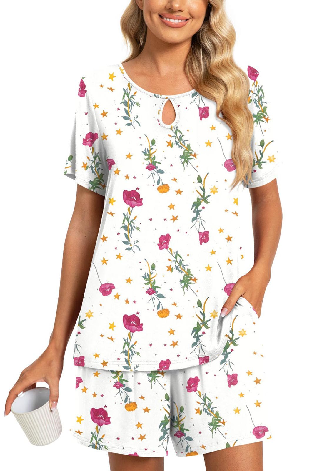 Aodemo Womens 2 Piece Summer Keyhole Pajama Sets Ladies Casual Sleepwear Pjs Lounge Short Pants With Pockets