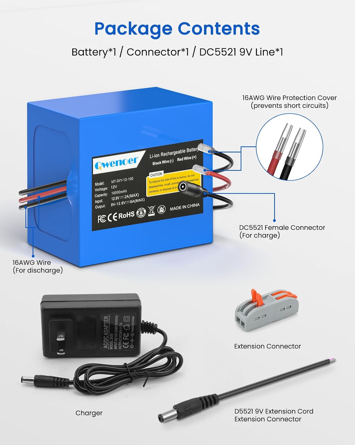 10Ah 12V Lithium Battery, 12V Battery Pack with 12.6V 2A Charger and Bare Leads Wire for 12 Volt Devices RC Car, Boat, Robot, DIY, LED Light Strip, CCTV Camera - Image 2