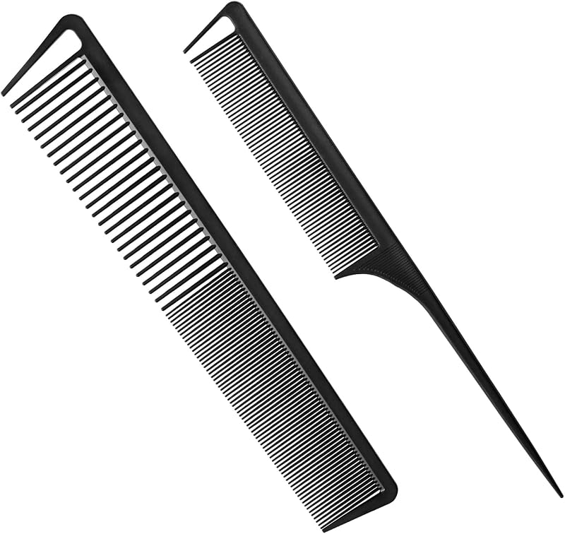 2-Pack Professional Black Teasing Comb | Fine & Wide Tooth + Rat-Tail Hair Styling Comb for All Hair Types