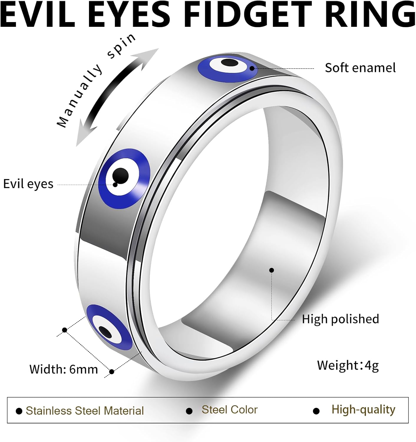 Evil Eye Fidget Ring for Women - 18K Gold Plated Stainless Steel Spinner Rings for Anxiety Relief, Ojo Turco Ring Luck Amulet, Turkish Faith Protection Stackable Jewelry Gift for Women Men - Image 6