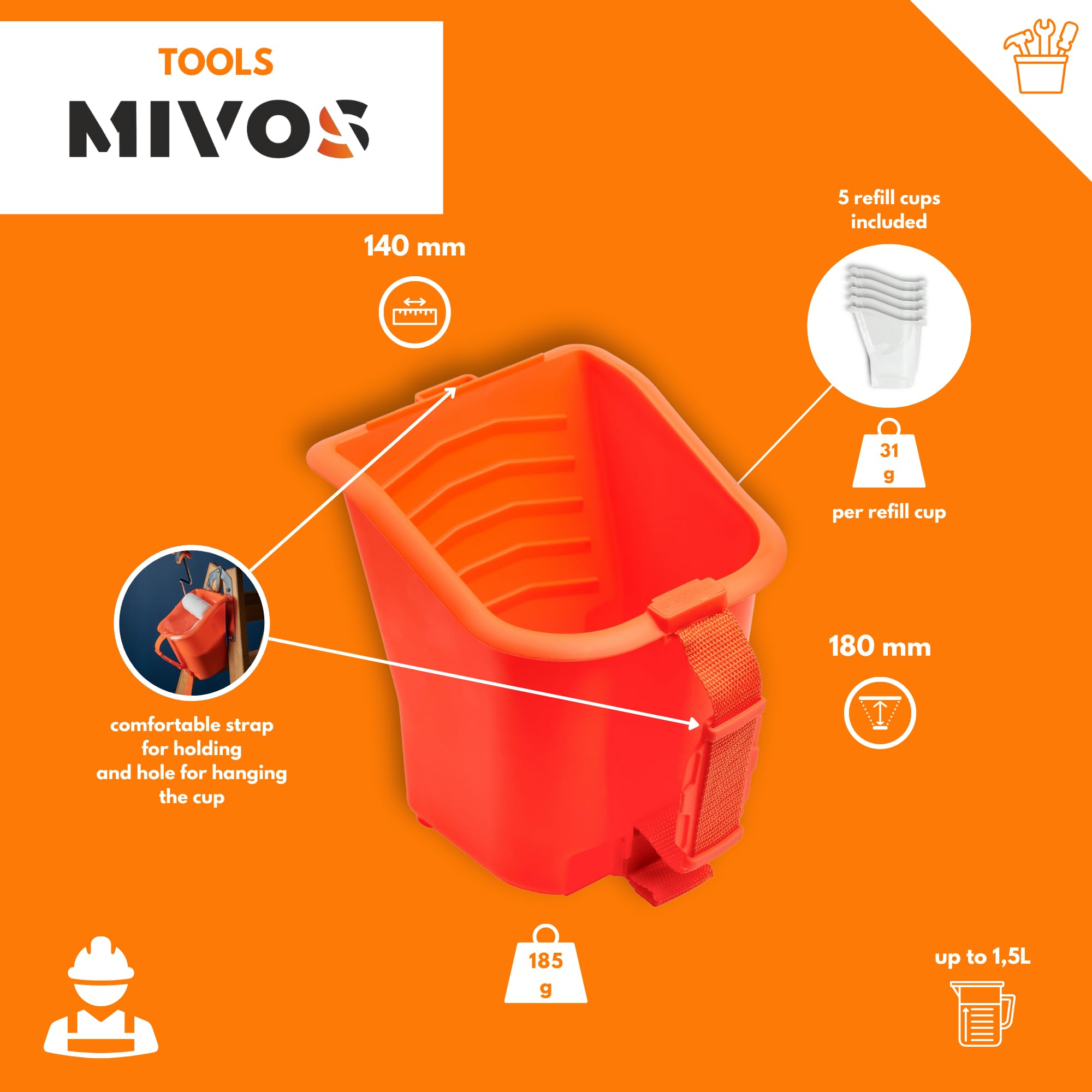 MIVOS Seau À Peinture avec 5 Inserts - 1l Pot À Peinture - Poignée Réglable - Seau en Plastique - Seau De Chantier avec Rainures Spéciales - Orange - Plastique Robust - Made in EU