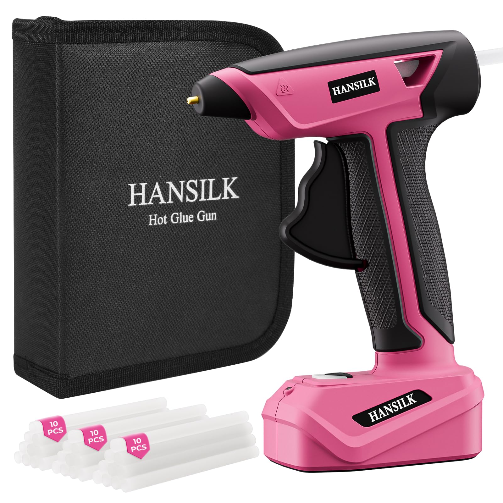 HANSILK Pistola de Silicona Caliente Inalámbrica 2000mAh 30 Barras de Silicona–Pistola de Silicona Caliente Recargable por Type-C Calentamiento Rápido en 15s Ideal para Bricolaje Manualidades-Rosa