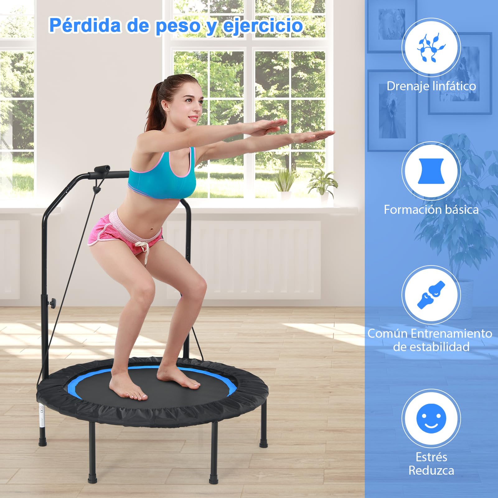 GOPLUS Cama Elástica Fitness Plegable 150 KG con Barras de Agarre Ajustables y Funda de Seguridad Acolchada, Trampolín para Ejercicio, Apto para Adultos y Niños, Interior y Exterior