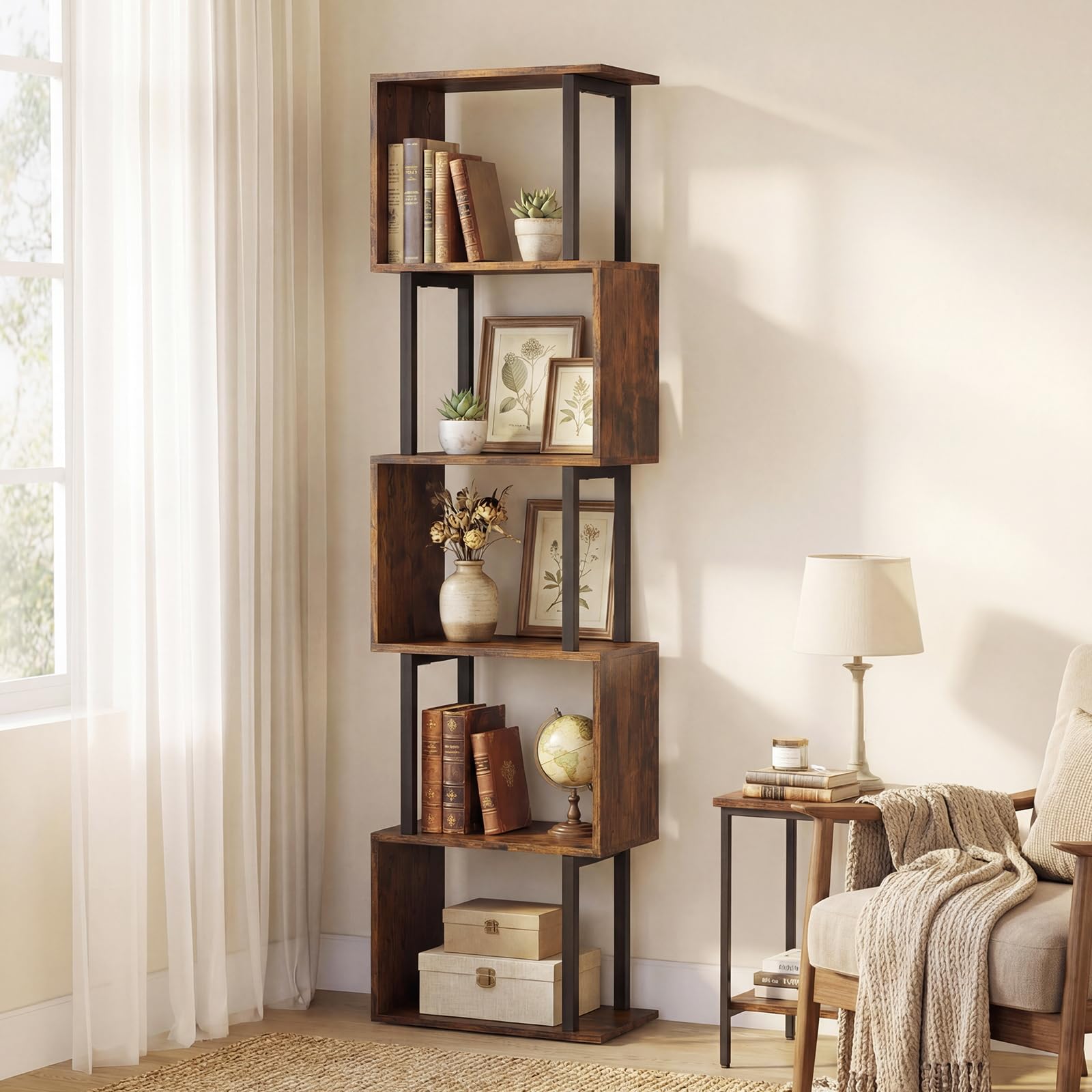 COSTWAY Libreria a 5 Livelli in Legno, Scaffale Espositore Geometrico con Struttura in Metallo, Mobile Portaoggetti Salvaspazio per Camera da Letto Soggiorno Ufficio, 38x23x147 cm (Marrone Rustico)
