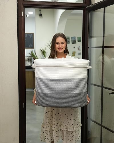Miniatura 108 de Cesta de almacenamiento rectangular extragrande de 22 x 14 x 18 pulgadas con tapa, cesta de almacenamiento grande de cuerda de algodón, cesta