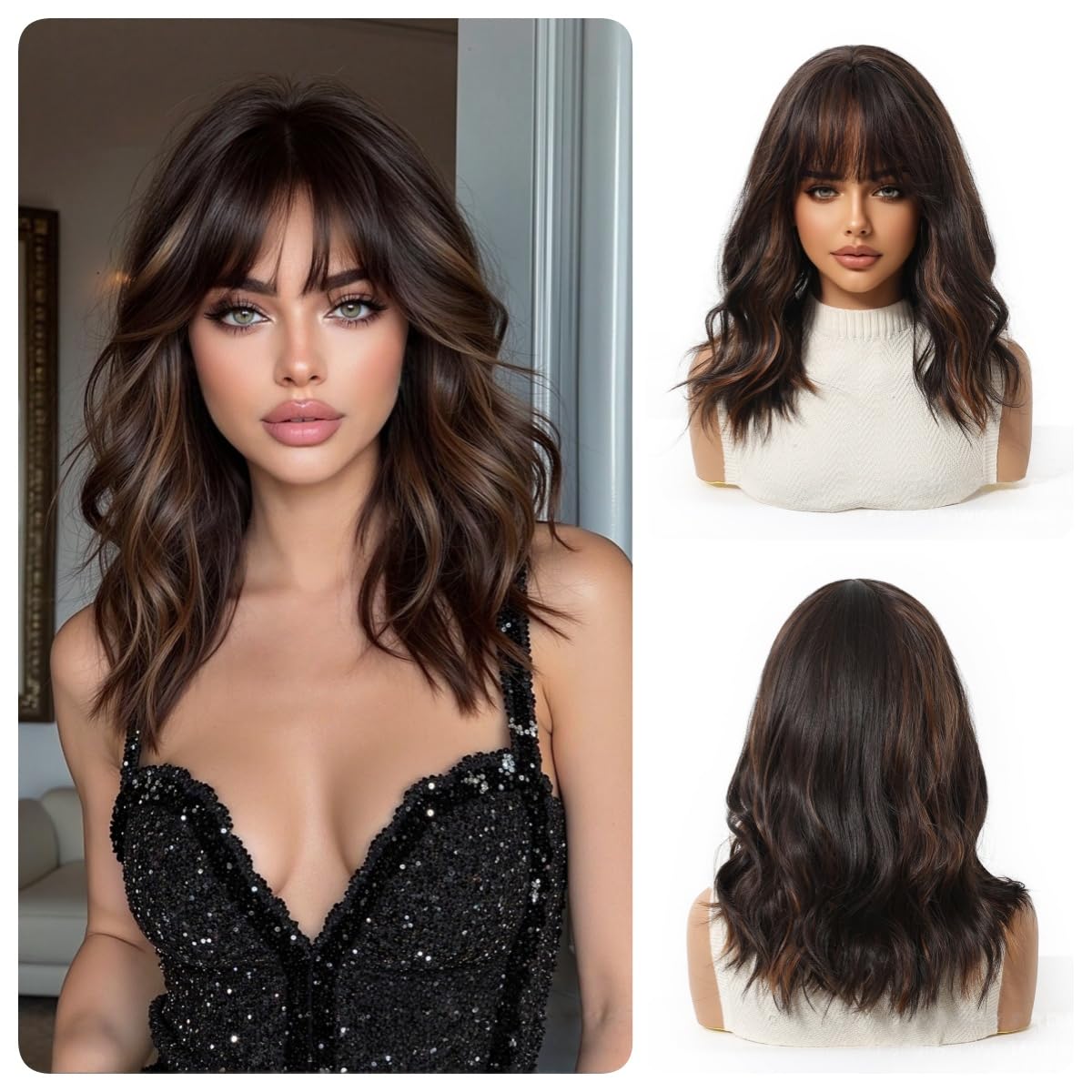 Photo 1 of Umbrion Human Hair Wigs Bob With Bangs Brown Highlight Wavy Short For Women Natural Look Lightweight Daily Use (Brown Highlights,20inch)